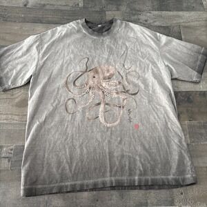 Cool Octopus Graphic T Shirt size 2XL gray ombre fade heavyweight short slv tee